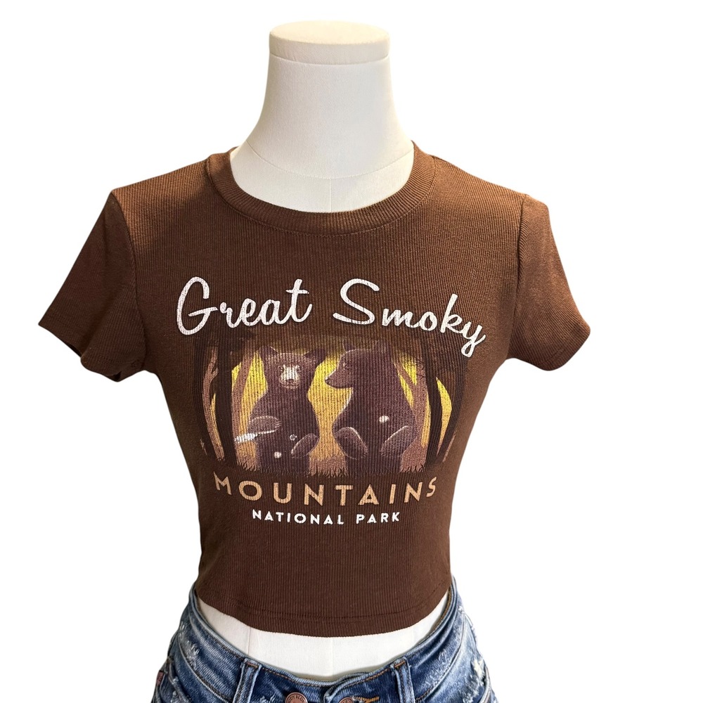 Nikxie Ribbed Great Smoky Mountains Crop Top Brown Small Gorpcore Granola Girl